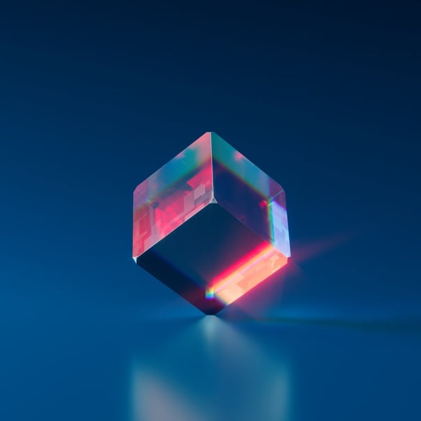 This is a NFT image named Equilibrium that shows a transparent cube that's stand on one of it's vertices